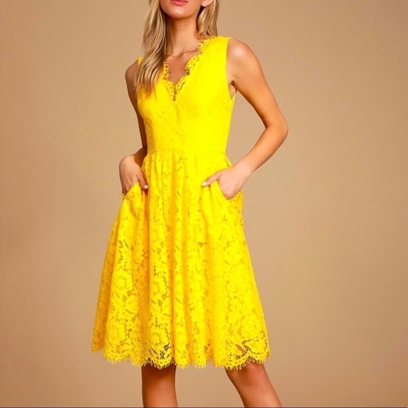 LULU'S Love Swept Yellow Lace Midi Skater Dress - Picture 1 of 12